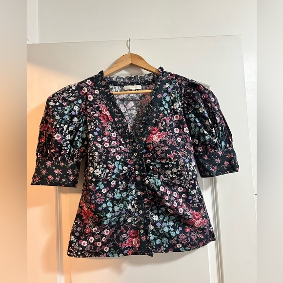 LoveShackFancy Tops - LoveShackFancy Women Black Floral Cotton Puff Sleeve Ruffle V-Neck Blouse Small